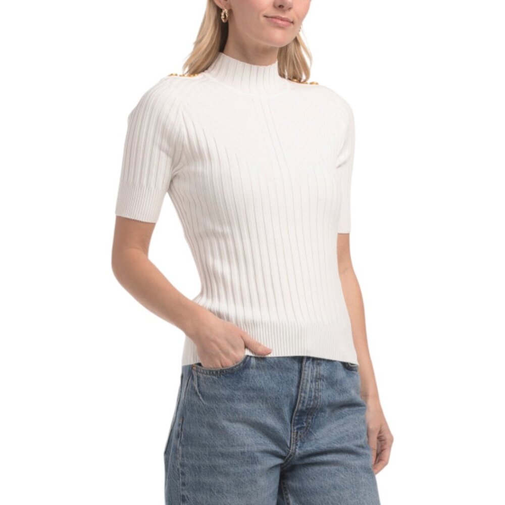 RAFIANA Ribbed Short Sleeve Turtleneck Sweater